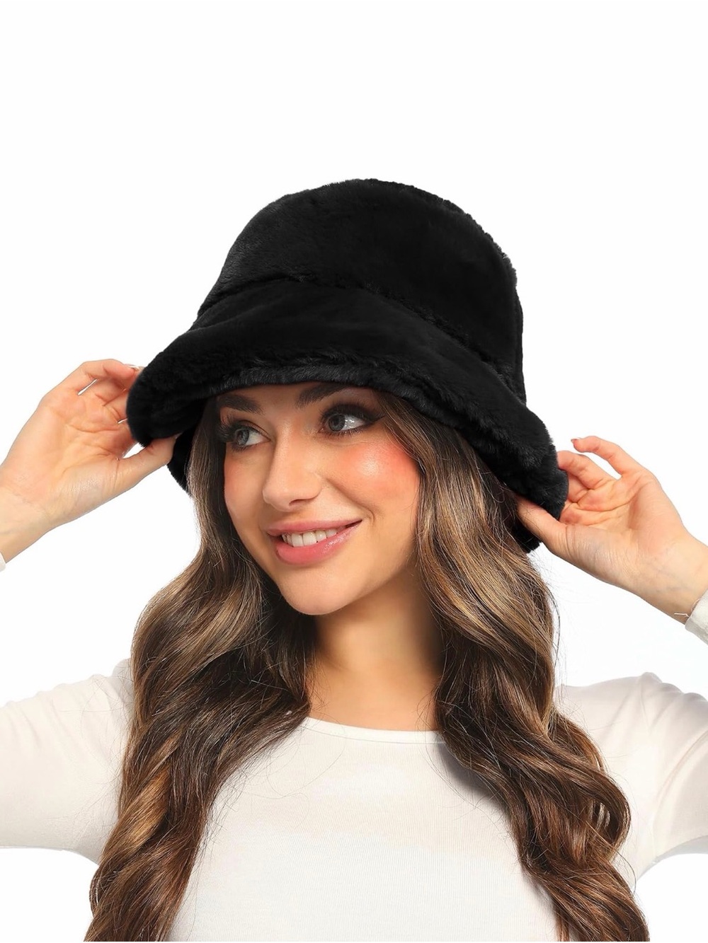 Amazon Black Faux Fur Adjustable Bucket Hat for Women OSFM